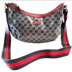 Gucci GG Web monogram
Half Moon coated Canvas Shoulder
Crossbody Bag Red Blue